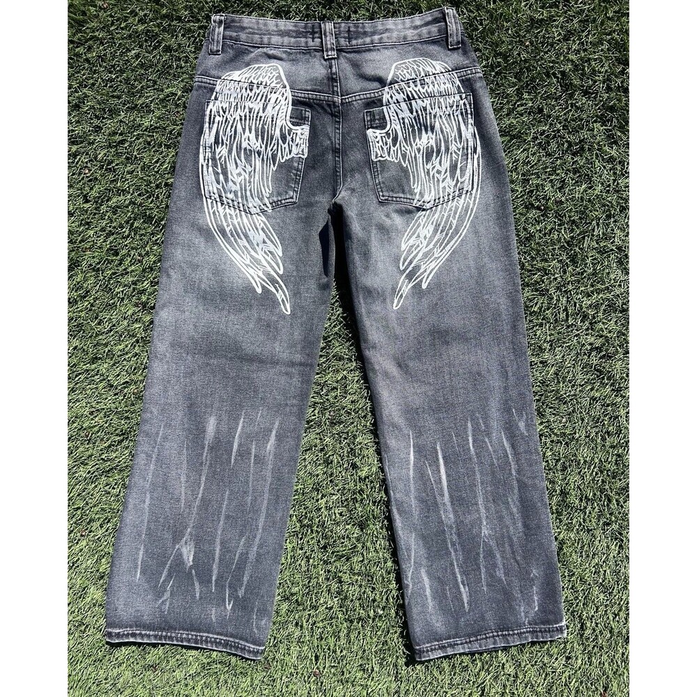 Disclosure Black Angel Wing Wide Leg Jeans Washed Denim Y2K Grunge Emo Goth 7/28
